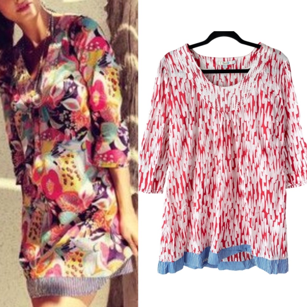 Boden Printed‎ Toulon Tunic Top 10 Red White Cotton Mini Dress Lightweight Beach